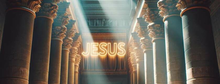 banner declaring 'Jesus' in luminescent letters, positioned amidst an ancient temple with towering pillars on each side and sunlight stretched