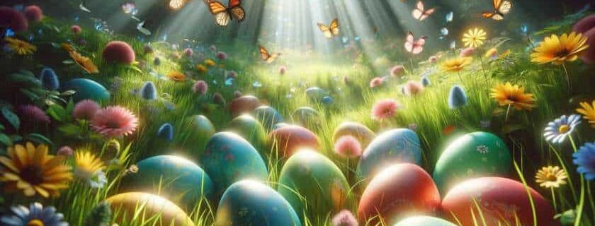 colorful Easter eggs scattered in a lush grassy meadow, dappled sunlight creating a play of shadows, surrounded by curious butterflies
