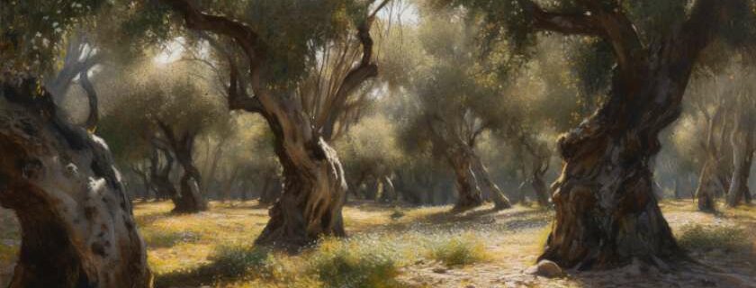 enchanting olive orchard, each tree becomes a character in a symphony of nature