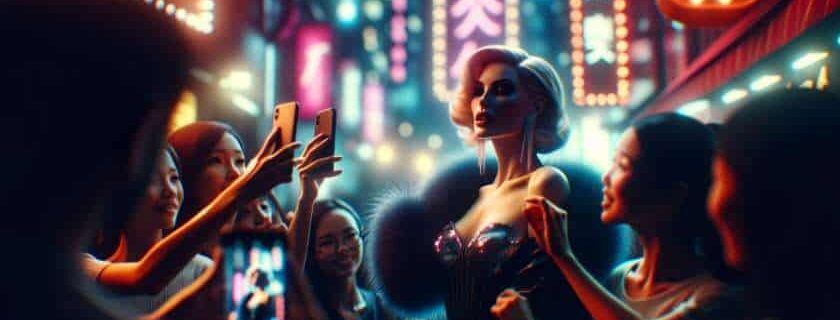 female figure immersed in the allure of her stardom, surrounded by adoring fans capturing selfies with her