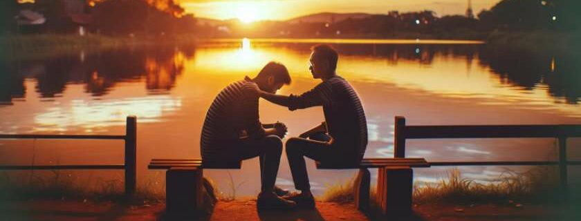 heartfelt scene by a lakeside at sunset, capturing one person comforting another who is seated on a bench