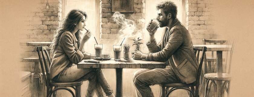 in a rustic coffee shop a couple sits across from each other