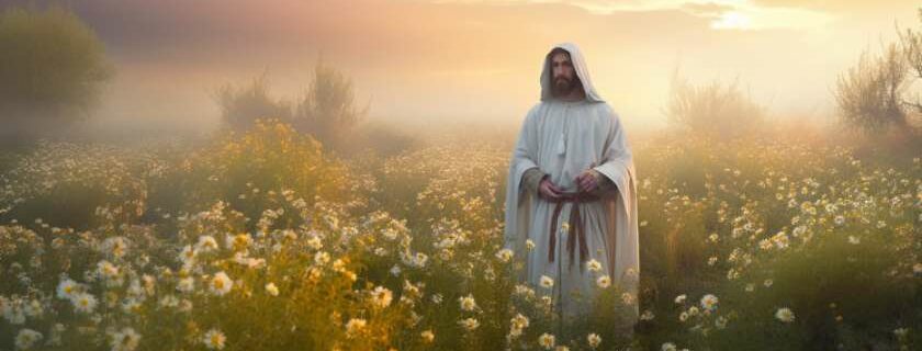 jesus in a field with flowers