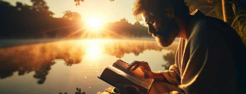 man immersed in reading the Bible, sitting by a tranquil lakeside at sunrise