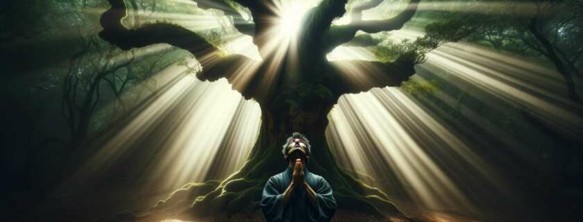 man in a moment of profound prayer beneath a solitary, ancient oak tree