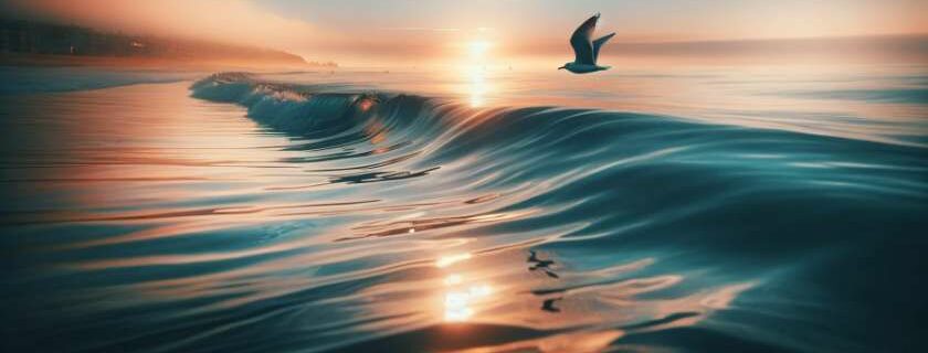 ocean water at dawn, with calm waves gently kissing the shore, and a solitary seagull in flight