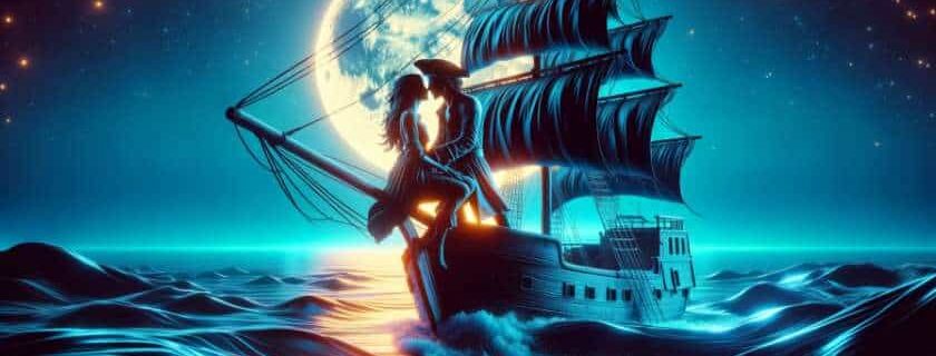 two lovers sharing a stolen moment of tenderness on the deck of their ship during a moonlit night at sea