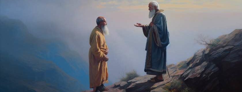 two old men in robes talking at the top of a mountain and god knows your heart