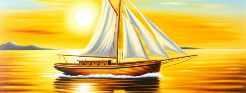 painting of a boat at sunset and god is in control scripture