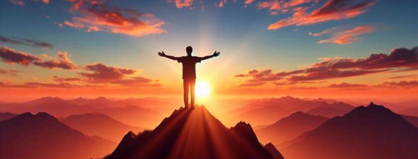 person with outstretched arms against the setting sun on a mountain peak and let go and let god