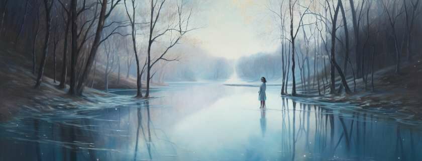 person standing on a clear lake with bare trees and dreams of god