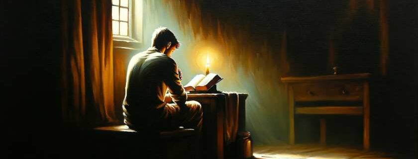 man meditating inside a room infront of a bible and lit candle and connected with god