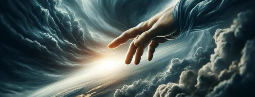 right hand of God reaching down from a stormy sky