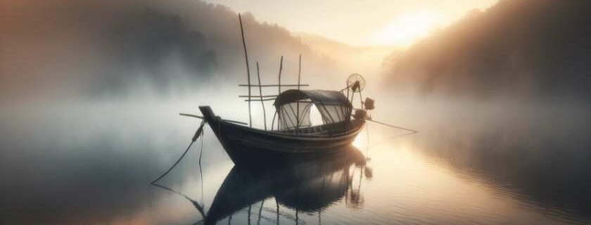 small rustic fishing boat on a misty lake at dawn and god is in control scripture