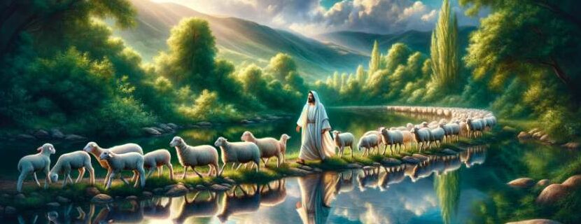 Jesus guiding His sheep beside still waters and where god guides he provides