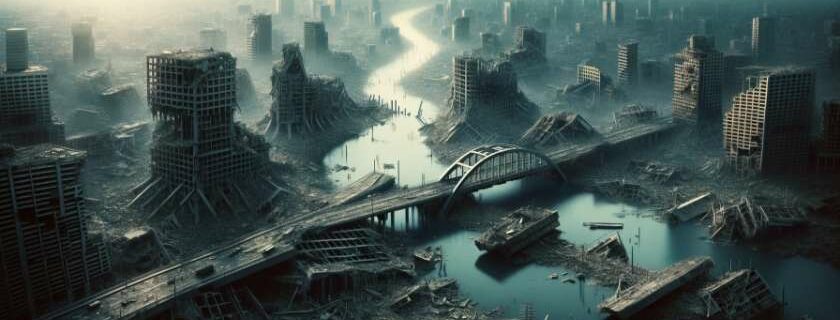 a city in ruins with a river cutting through the destruction and why does god let bad things happen