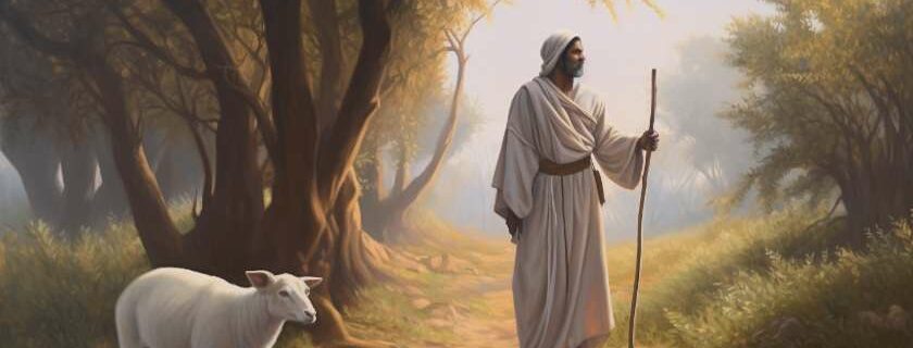 shepherd in white robes with a cane and a sheep and draw near to god