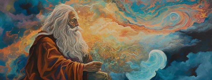 old bearded man in orange robe and god watches over us