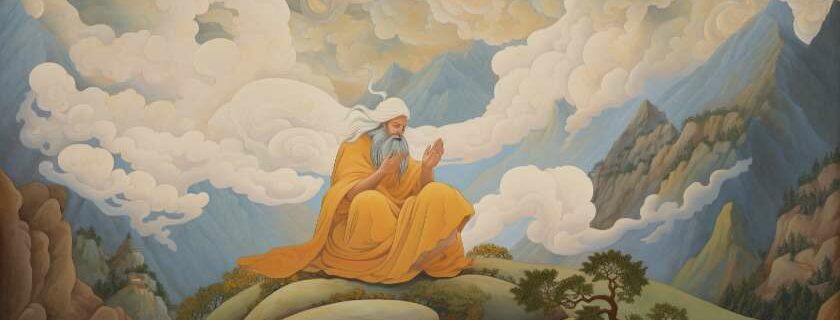 old god in ancient orange robes with clouds behind him and god is everywhere