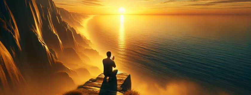 man meditating on the edge of a cliff and connected with god