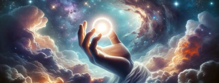 right hand of god emerging from the clouds holding a glowing orb