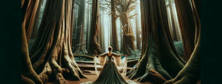 person in a gown standing in an ancient forest and let go and let god