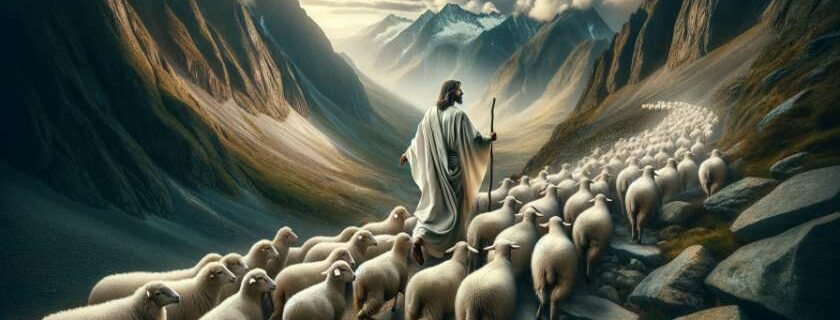 Jesus guiding His sheep over a rugged mountain path and where god guides he provides