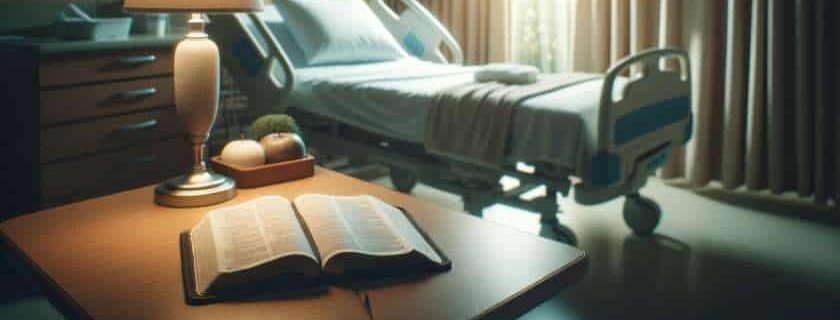 a bible on a desk inside a hospital room and scripture prayer for healing