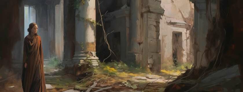 person in orange cloak amidst ancient ruins and overgrown vines and god hates sin