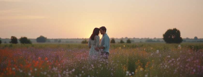 couple embracing in a field of flowers and god puts people in our lives
