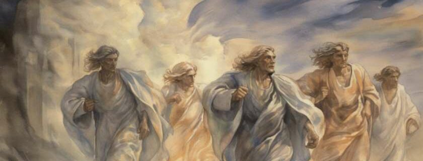 A watercolor depiction of sons of god, drawing inspiration from William Blake's mystical visions