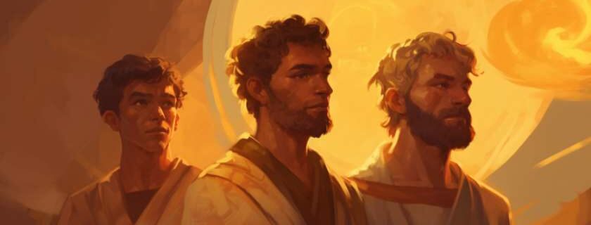 An illustration of sons of god with celestial radiance and ethereal expressions.