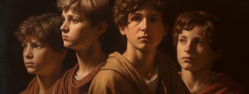An oil painting portraying sons of god, reminiscent of Raphael's classical beauty