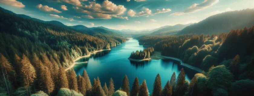 A breathtaking panoramic view of a pristine lake surrounded by dense forests under a clear blue sky