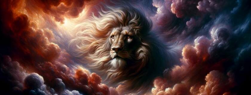 In a dramatic oil painting, the Lion of God emerges from swirling clouds, his mane billowing like stormy waves