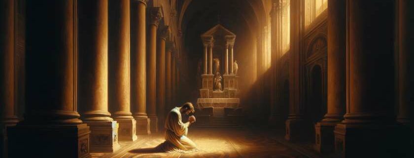 An oil painting depicting a solitary figure kneeling in prayer, surrounded by a dimly lit cathedral