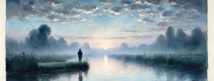 A watercolor painting capturing a person standing by a river at dusk, gazing up at the sky in contemplation