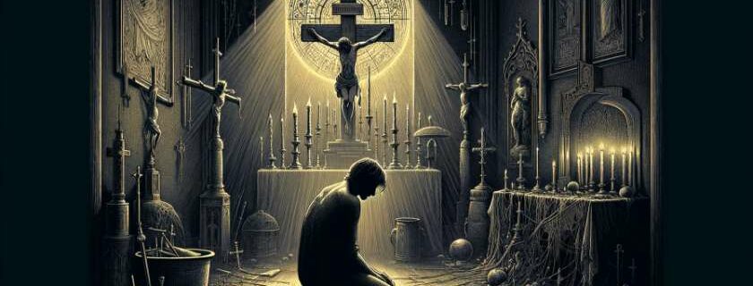 A digital illustration portraying a figure sitting alone in a dimly lit room, surrounded by religious symbols