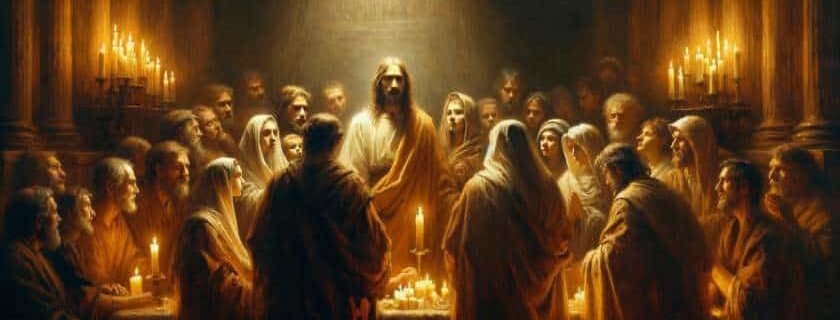 An oil painting capturing Christ surrounded by believers.