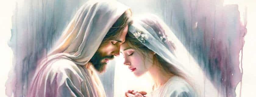 A watercolor portrayal showing a tender moment between Jesus and his followers, symbolized through the Bride of Christ