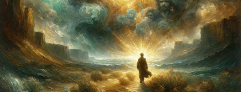 an oil painting of a figure walking through a stormy landscape towards a distant light, symbolizing the concept of God always being on time
