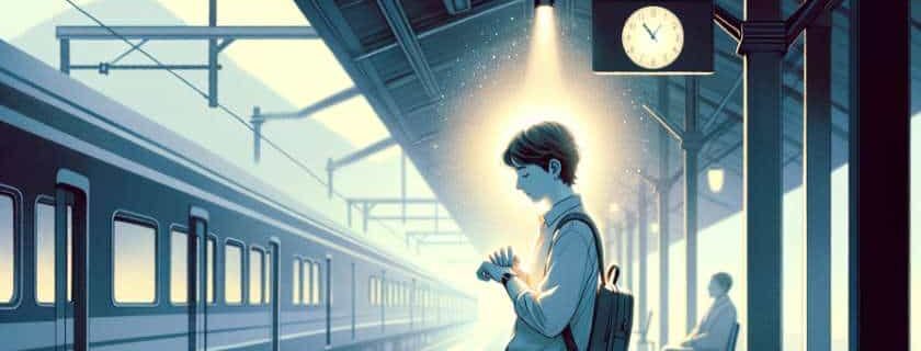 A digital illustration depicting a person standing at a train station, checking their watch as they wait, with a subtle glow illuminating the scene
