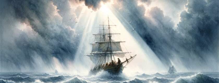 A watercolor painting showing a ship sailing through rough seas under a stormy sky, with a beam of light breaking through the clouds
