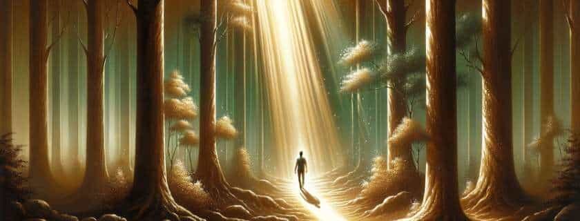 An illustration of a person walking through a dense forest, guided by a beam of light filtering through the trees