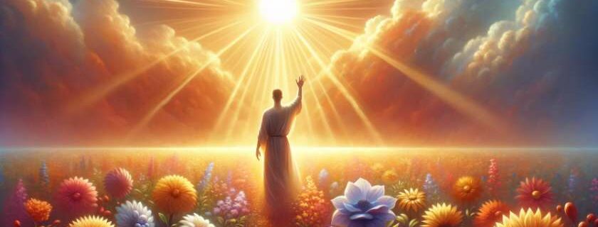 An illustration of a figure standing in a vibrant field of flowers, raising one hand toward a radiant sun breaking through the clouds