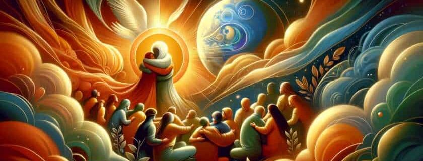 An illustration depicting a celestial figure embracing a diverse group of people