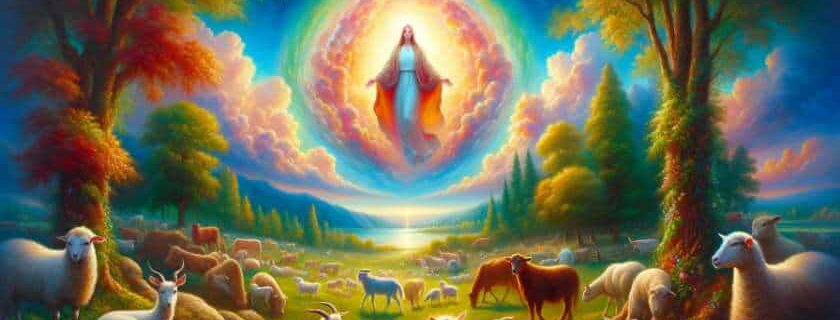 An oil painting capturing a serene countryside scene where a celestial figure is surrounded by animals