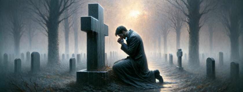 An emotional oil painting featuring a figure kneeling by a gravestone in a misty cemetery