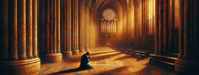 An oil painting capturing a serene and poignant moment within the grandeur of a cathedral