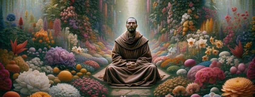 A digital illustration that transports the viewer to a tranquil garden, where a Christian sits in deep meditation